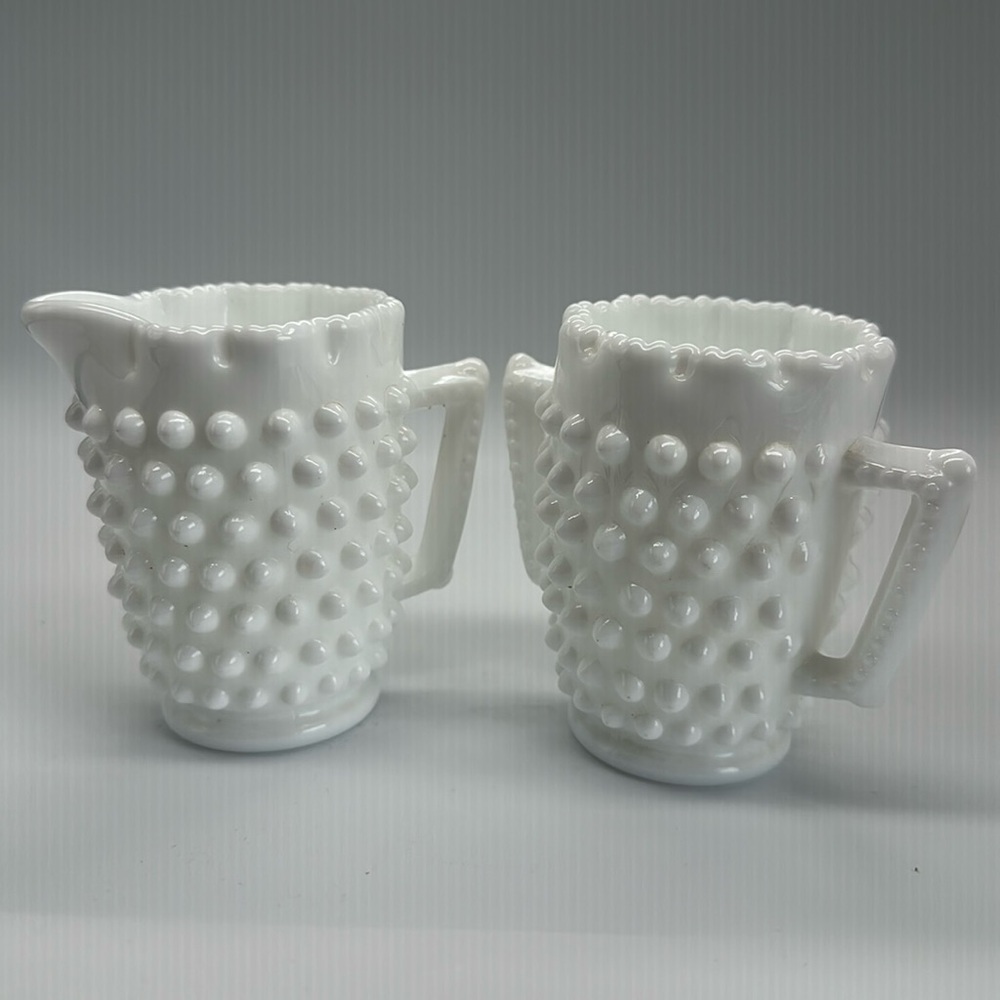 Fenton Creamer Sugar Milk Glass Daisy Button Pattern Hobnail 3" x 3.5" Vintage